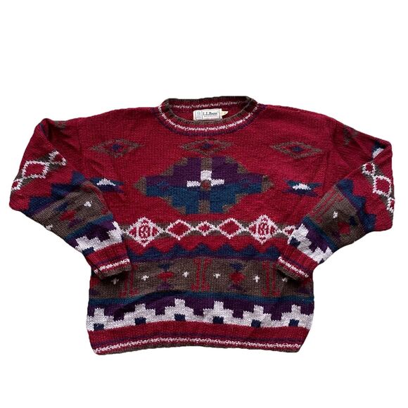 Vintage LL Bean Aztec Sweater 90s Medium Red Purple Green Wool Southwestern - Picture 2 of 8